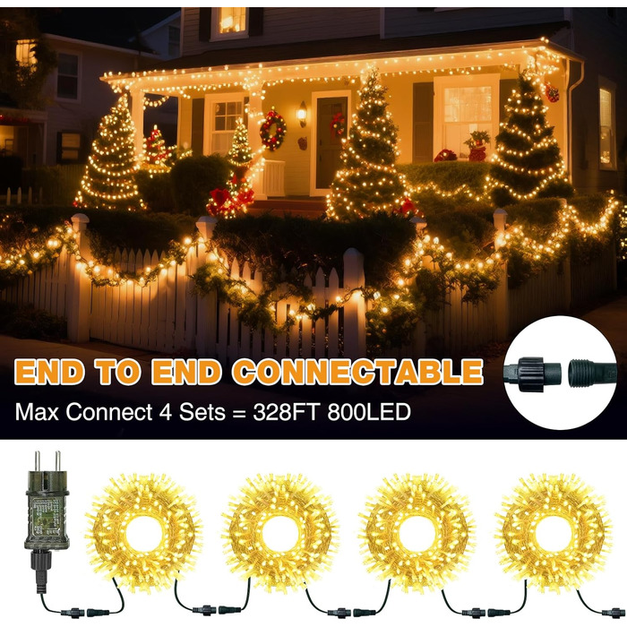 Льонокотова гірлянда світлодіодна 20 метрів, 200 LED, зовнішня, з пультом, таймер, IP65, тепле біле світло, для декору саду, ялинки, балкону, кімнати