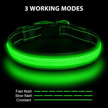 Світловідбиваючий нашийник для собак AUAUY з LED підсвіткою, USB-зарядка, водонепроникний, регульований, безпечний, 6 кольорів (-S), S(11.8-15.7'/30-40 cm) (Зелений)
