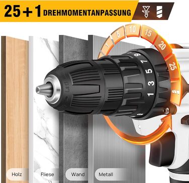 Акумуляторний шуруповерт 21V Set, білий: комплект з акумулятором 1.5Ah, швидкою зарядкою, 45Nm, 25+1 ступенів, LED-ліхтик, 26 предметів аксесуарів для ремонту та DIY