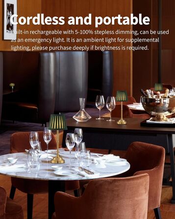 LED Настільна лампа бездротова, димована вінтажна приліжкова лампа, ретро акумуляторна настільна лампа 4000mAh, для дому, бару, вітальні (Золото + Зелений абажур, 2 шт)