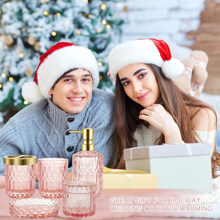 Набір аксесуарів для ванної кімнати зі скла: мильниця, дозатор мила, стакан, тримач для зубних щіток, контейнер для ватних паличок, рожевий колір