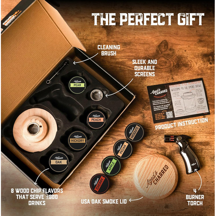 Набір для копчення віскі з факелом та сиропом у ретро-стилі – 8 смаків, тріски з дуба, подарунок для чоловіків, набір для копчення коктейлів – американський дубовий дим, стандартний набір з ліхтариком