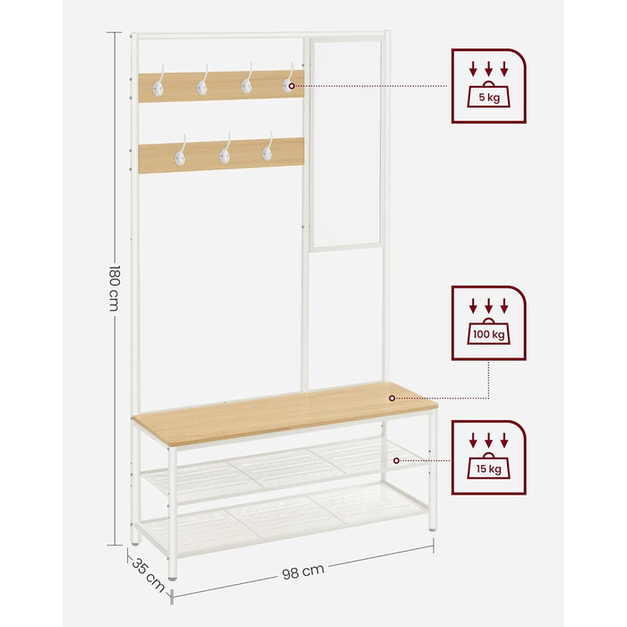 VASAGLE Clothes Rack, Coat Rack, Coat Stand with Hooks, Mirror, Bench, 35 x 98 x 180 cm, for Entryway, Bedroom, Living Room, Modern, Oak-White HSR415W09