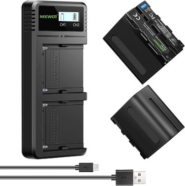 Зарядний пристрій NEEWER Dual USB з 2 акумуляторами 6600mAh NP-F970 та швидкою зарядкою для Sony NP-F970/F960/F950/F770/F750/F570/F550, Handycam, LED-ліхтарі, моторизовані слайдери NW-F970 DQ-F970