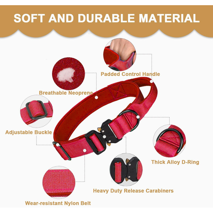 Тактичне нашийник для собак з ручкою, великий, зелений. Міцний, регульований, з металевою застібкою. Нашийник з нейлону з неопреновою підкладкою. XL, червоний