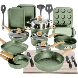 Набір каструль та сковорідок DishDelight 30 предметів з антипригарним покриттям з граніту. Набір каструль, сковорідок з кришками з термостійкого скла. Зелений колір.