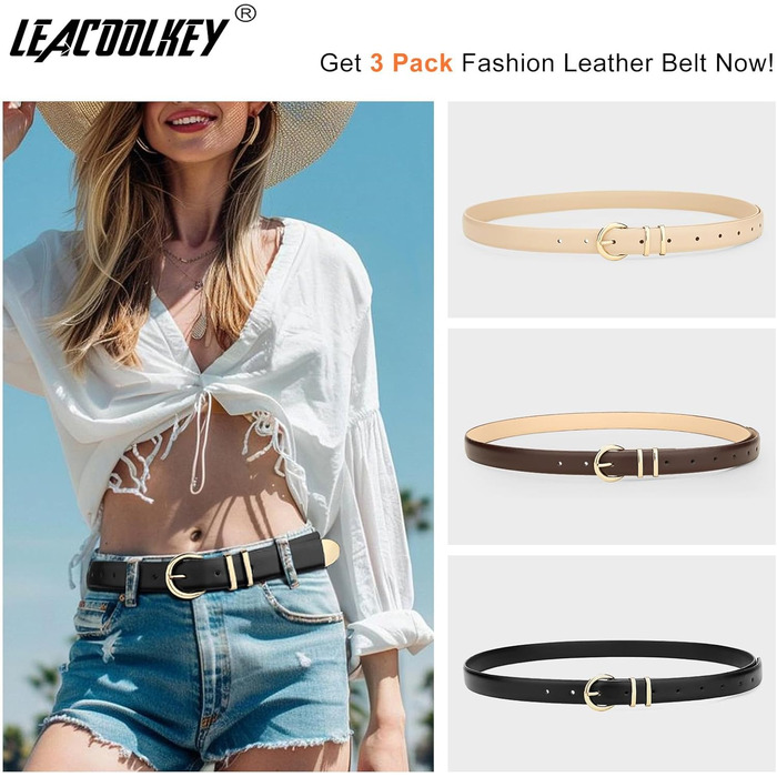 LEACOOLKEY 3 шт. жіночі тонкі шкіряні ремені для джинсів, суконь, вінтажні ремені з золотистою та сріблястою пряжкою (100 см), розмір талії 66-76 см, колір: чорний, кавовий, бежевий (глянцеве золото)