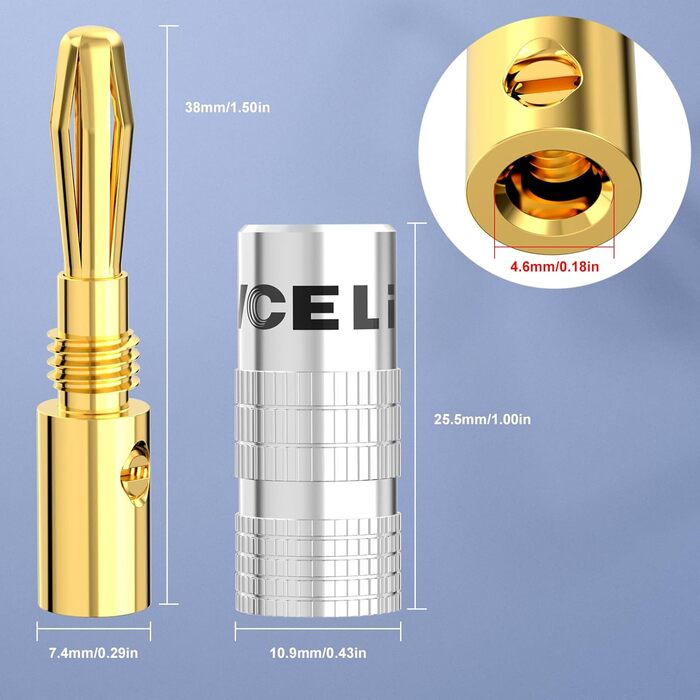 Позолочені бананові роз'єми VCELINK для акустичних кабелів 24K, 0.75-4 мм (12 шт / 6 пар) для підсилювачів, HiFi колонок та AV-ресиверів