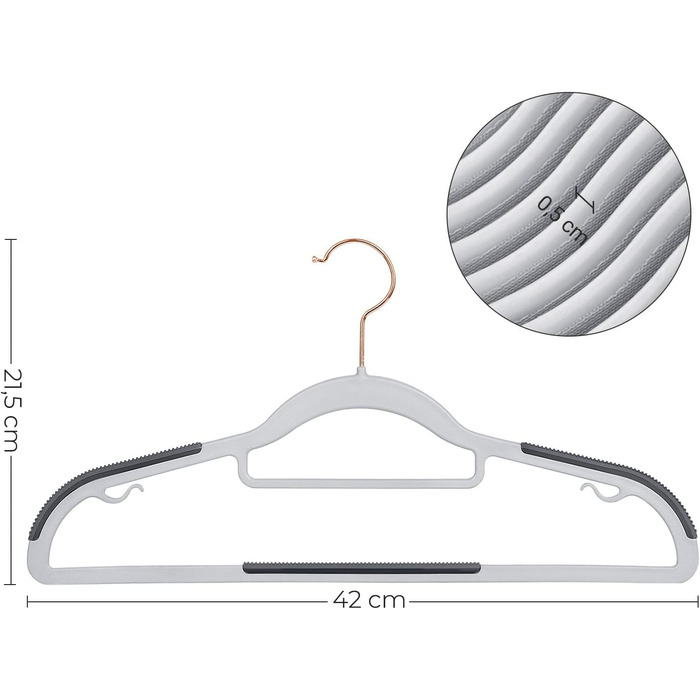 SONGMICS Clothes Hangers, 30-Piece Set, Plastic Hangers, Non-Slip, Space-Saving, 0.5 cm Thick, 42 cm Long, 360° Swivel Hook in Rose Gold, Light Gray-Dark Gray CRP020G01