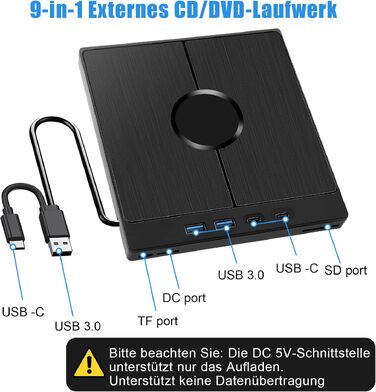 Зовнішній CD/DVD привід 9-в-1 для ноутбука та ПК, USB 3.0 з картридером SD/TF, портативний DVD-записувач для Windows, macOS, Linux