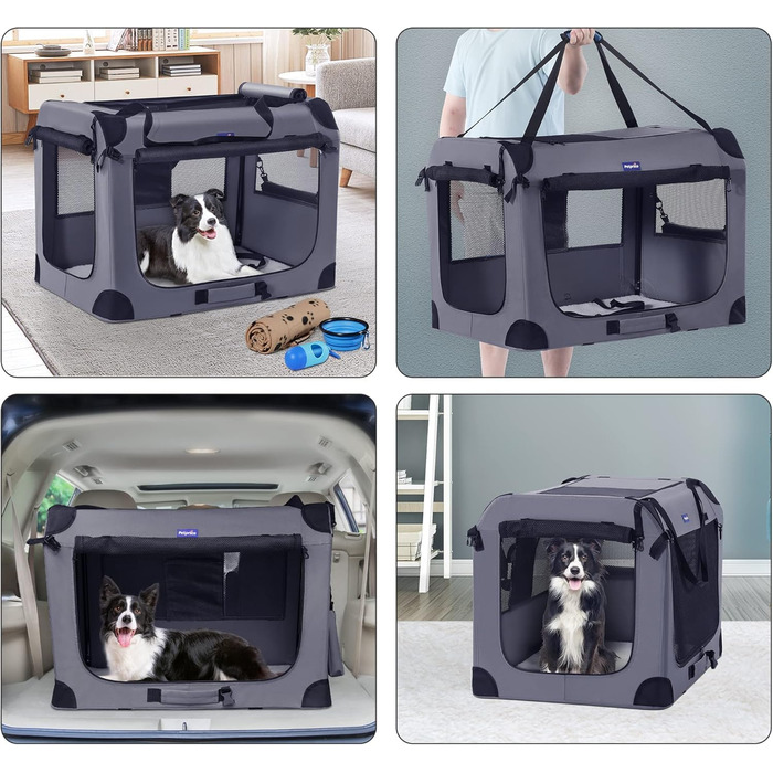 Транспортний бокс для тварин Petprsco з м'якими стінками, для котів та маленьких собак, 3-дверний, складний, з ременями, для подорожей, сірий (81x58x58 см)