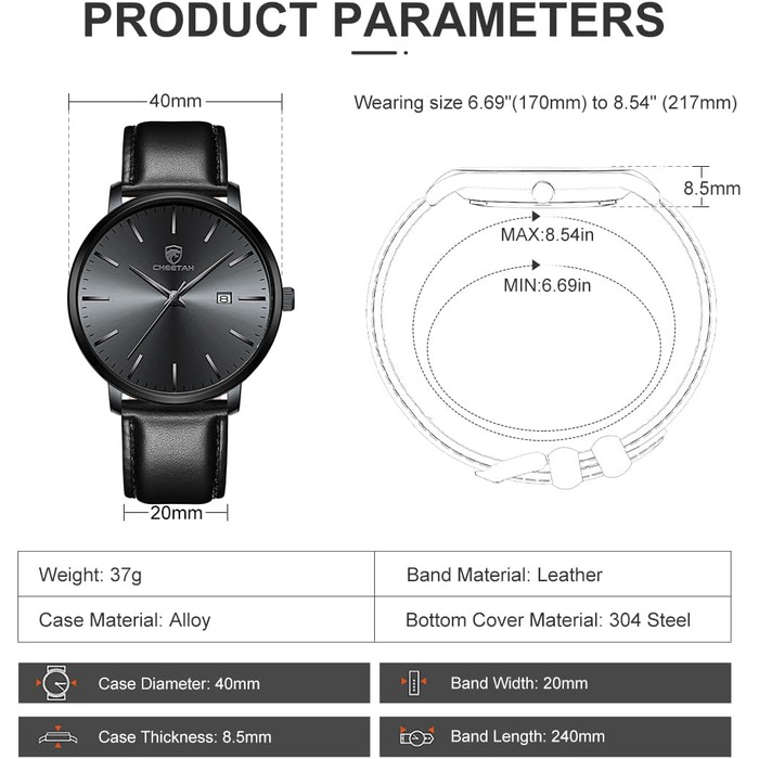 Чоловічий годинник CHEETAH Minimalistische, аналоговий кварц, водостійкий 3 ATM, з шкіряним ремінцем, з датою, спортивний годинник для молоді (Чорний/Чорний)