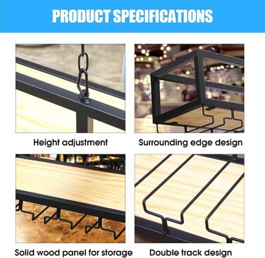 DSVONAUS Ceiling Shelf, Wine Rack, Height-Adjustable Decorative Shelf, Retro Iron and Solid Wood Ceiling Shelf, Single Layer, For Bars/Restaurants/Kitchens (120 * 25 * 100cm)