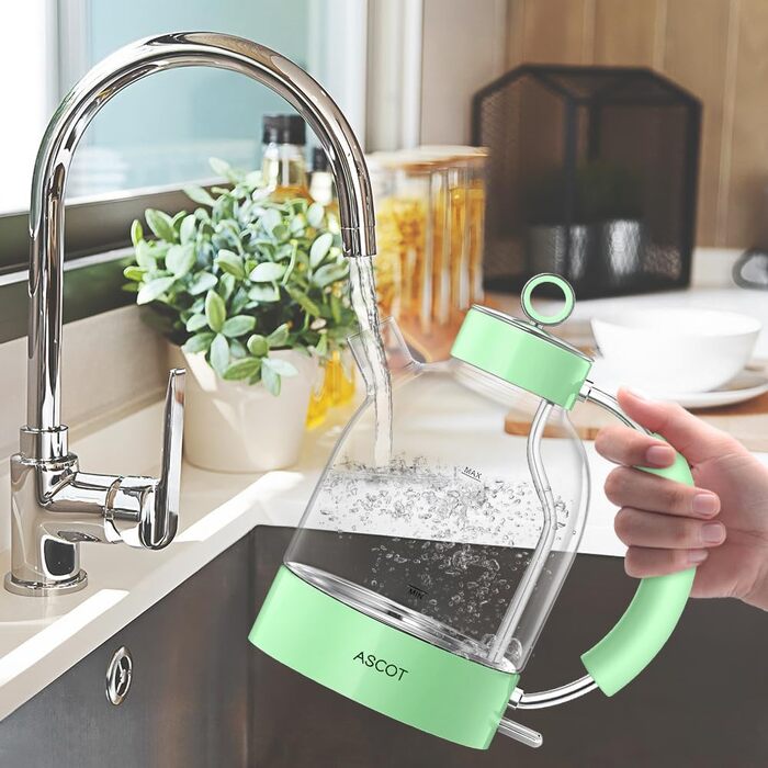 Електричний чайник ASCOT зі скла та нержавіючої сталі, 2200W, 1.5L, без BPA, тихий, швидкий, бездротовий, з захистом від сухого кипіння та автовимкнення, білий (світло-зелений)