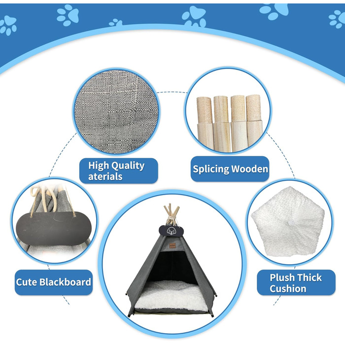 Намет для тварин Tipi з двостороннім подушкою. Будиночок для собак/кішок, кроликів, хом'яків. Знімний та миючий. 50x50x60 см, сірий.