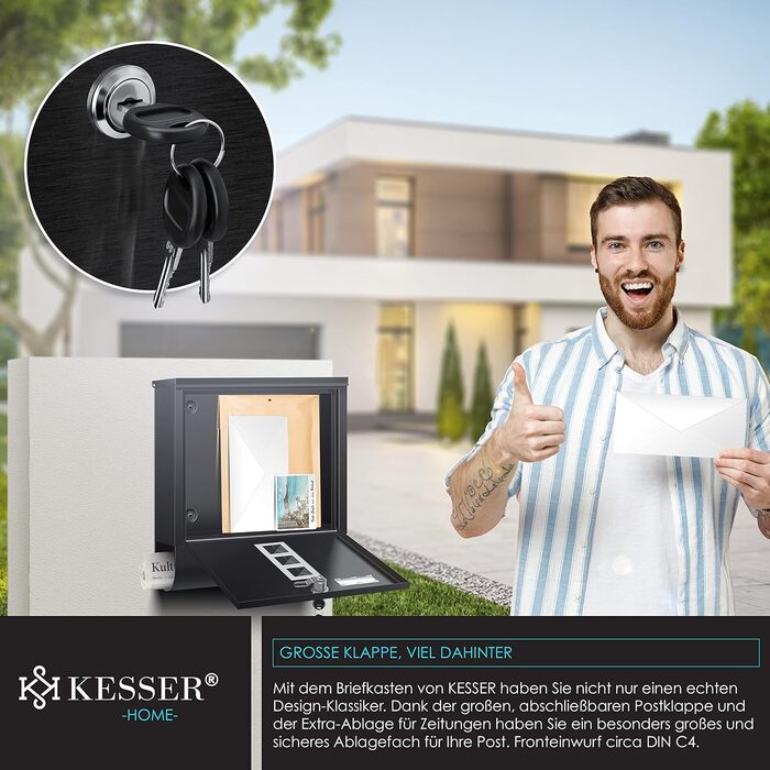 Поштова скринька KESSER® з газетним відділенням, іменним шильдиком, оглядовим вікном, нержавіюча сталь, чорний матовий, 3 ключі, настінний монтаж, велика, з матеріалом для кріплення