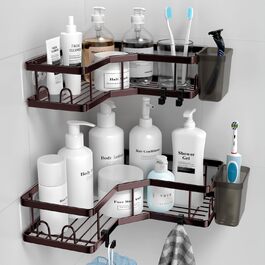 FINIBO Shower Shelf No Drilling, 2 Pack Adhesive Corner Shelf Bathroom Organizer, Shower Shelf Stainless Steel with 4 Hooks and 2 Toothpaste Holders, Black Shower Shelf Shower Basket for Bathroom Kitchen