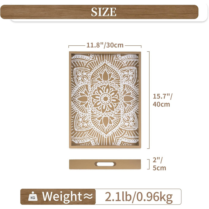 Hanobe Wooden Tray Rectangular Decorative Serving Tray: Boho Decorative Tray Flowers Wood Tray with Handle Brown Small Candle Trays Farmhouse Candle Tray for Coffee Table Tealight Kitchen Table