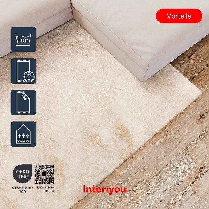 Килимок для вітальні Interiyou Fargo, 80x150 см, бежевий, короткий ворс, миючий, антиковзаючий, штучне хутро, м'який, довгий ворс, прямокутний