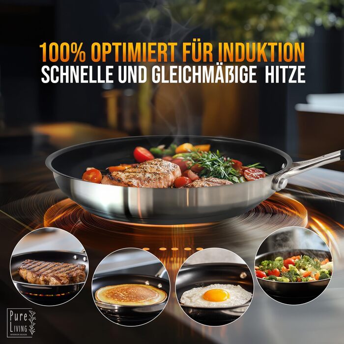 Набір сковорідок з нержавіючої сталі для всіх типів плит 20см та 28см з антипригарним покриттям - 10 років гарантії, ергономічні ручки, рівномірний розподіл тепла, придатні для миття в посудомийній машині та використання в духовці - Набір сковорідок 28см+