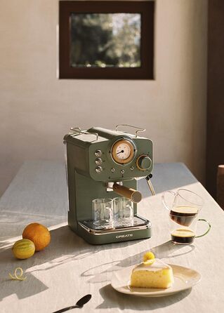 CREATE / THERA MATT RETRO/Espresso Machine Cream White Matt and Wood/Semi-Automatic, with a 15 bar pump and 1100W, 1.25L water tank, for ground coffee, 55 mm. ESE Pads (Green-Sage Matt - Wood)