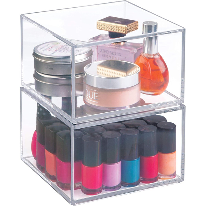 iDesign Makeup Organizer with Lid, Medium-Sized BPA-Free Plastic Jewelry Box, Stackable Storage Box, Clear
