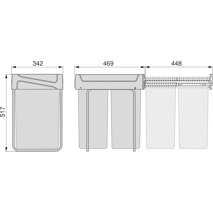 Відро для сміття на кухню Emuca з нижнім кріпленням, 2 висувні контейнери по 20 л, загальний об'єм 40 л (2 x 20 л), сталь та пластик, сірий (антрацитовий сірий).