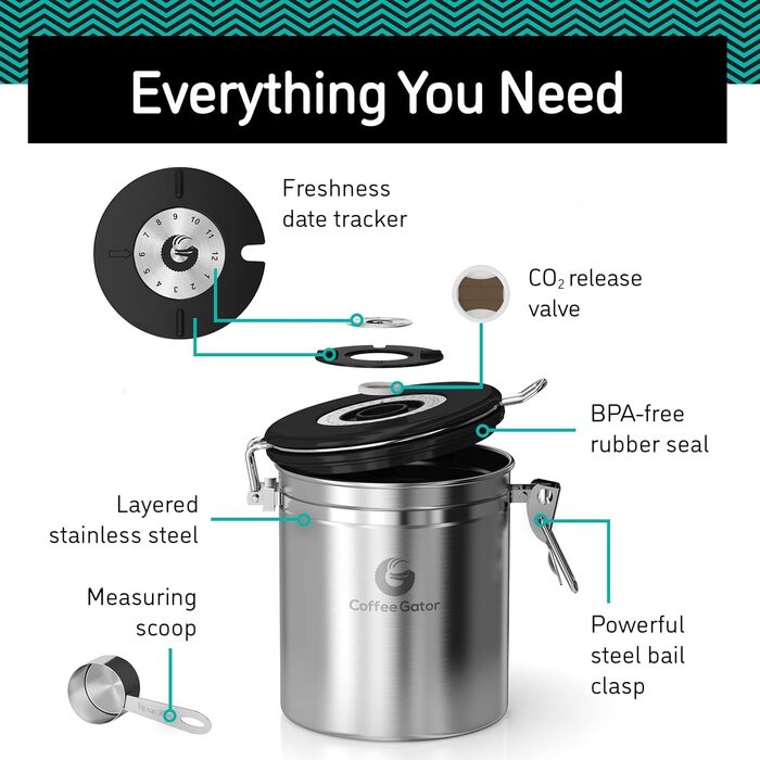Кавова банка Coffee Gator з CO2 клапаном та дозатором, сірий колір, великий розмір