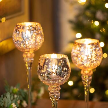 Romadedi Tealight Holder Candle Holder Glass Silver - Lantern Tealight Holder Decor Mercury 3-Piece Set 23.5/25.5/31.5 cm for Tealights Votive Candles, High Candles, Living Room Table Decoration, Wedding