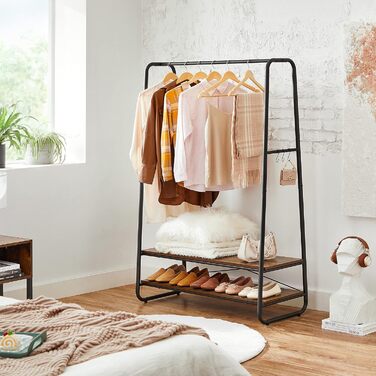 VASAGLE Clothes Rack, Coat Rack, Coat Stand, with 2 Shelves, 6 S-Shaped Hooks, Steel Frame, for Bedroom, Hallway, Entrance Area, Vintage Brown-Black RGR112B01