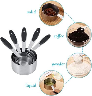 Stainless steel measuring cups and spoons, 10-piece set with storage rings, nesting teaspoons for measuring dry and liquid ingredients. Spoons