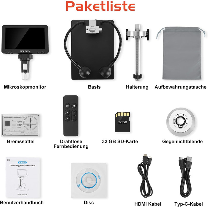 Цифровий мікроскоп WADEO USB HD з зумом 50x-1600x, портативна інспекційна камера з 8 LED, сумісний з iOS, Android та планшетами (7 дюймів)