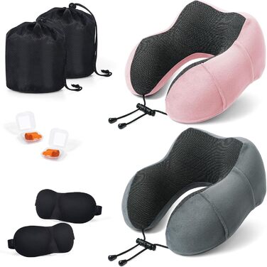 Подушки для шиї SOMLAW 2 шт. Memory Foam, ергономічні, для подорожей, літака, авто, офісу (сірий+рожевий)