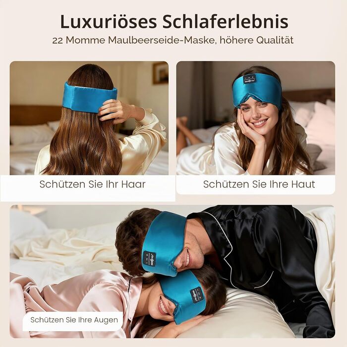 Маска для сну MUSICOZY Bluetooth з навушниками, шовкова 100% (шовк мульбері), 3D для зручного сну на боці, повна темрява, м'яка, дихаюча, акумулятор 14 годин, зелена