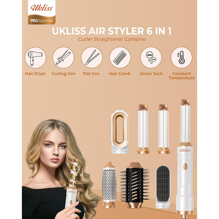 UKLISS 6-в-1 Стайлер для волосся та фен Pro, Набір для сушки та укладки, Автоматична плойка для локонів, Випрямляч для волосся, Іонний фен, Airbrush стайлер, Подарунковий набір для жінок, Блакитний (Weiß Pro)