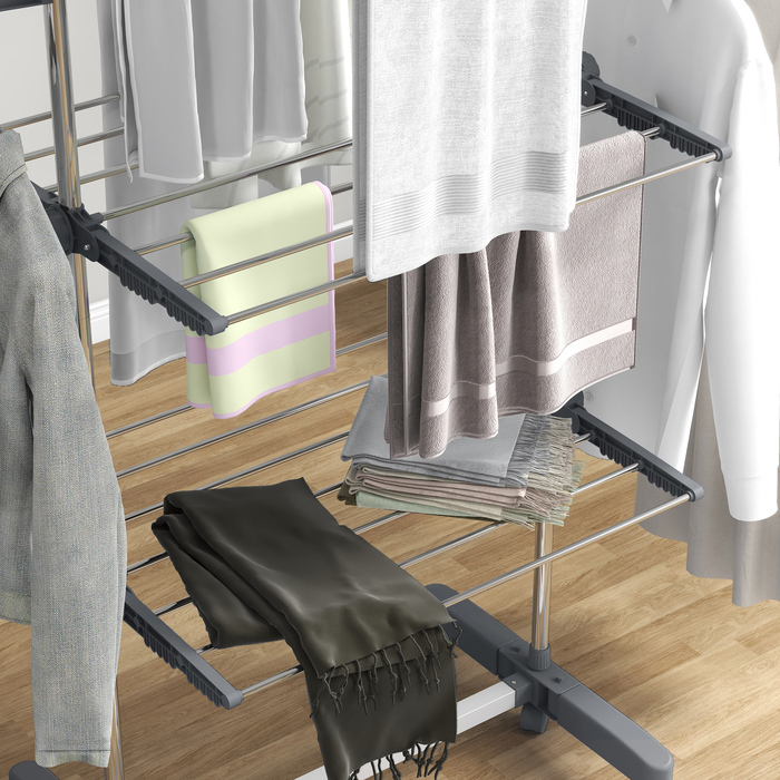 HOMCOM Clothes Dryer Tower Clothes Rack with Wheels, 3 Levels, Foldable Standing Dryer with Side Wings, Clothes Tower, Steel, Grey | Aosom