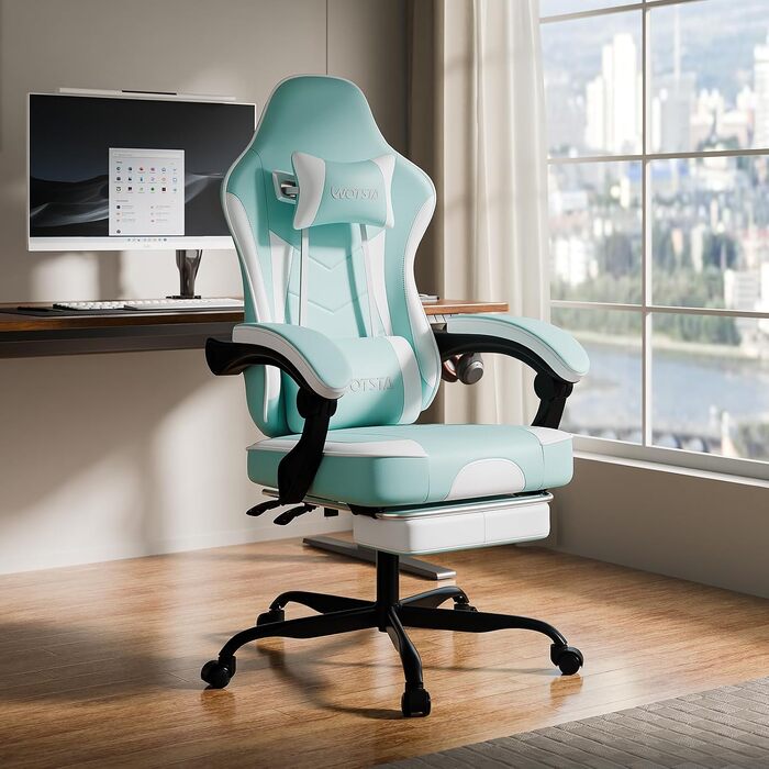 Ігрове крісло Gaming Chair з підніжкою та ергономічною підтримкою попереку, регульований нахил спинки 90-135°, офісне крісло (Greenwhite)