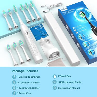 Електрична зубна щітка звукова для дорослих та дітей з 5 режимами, кейсом для подорожей, 8 насадками, акумулятором 60 днів, таймером (Теплий білий)