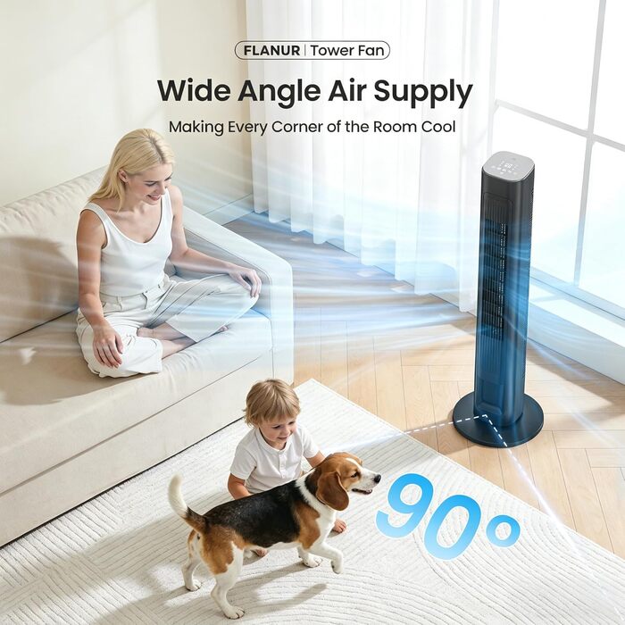 Вентилятор вежовий FLANUR WiFi Alexa 108 см, тихий (25 дБ), з пультом, 4 режими, 90° осциляція, таймер 12 год, чорний