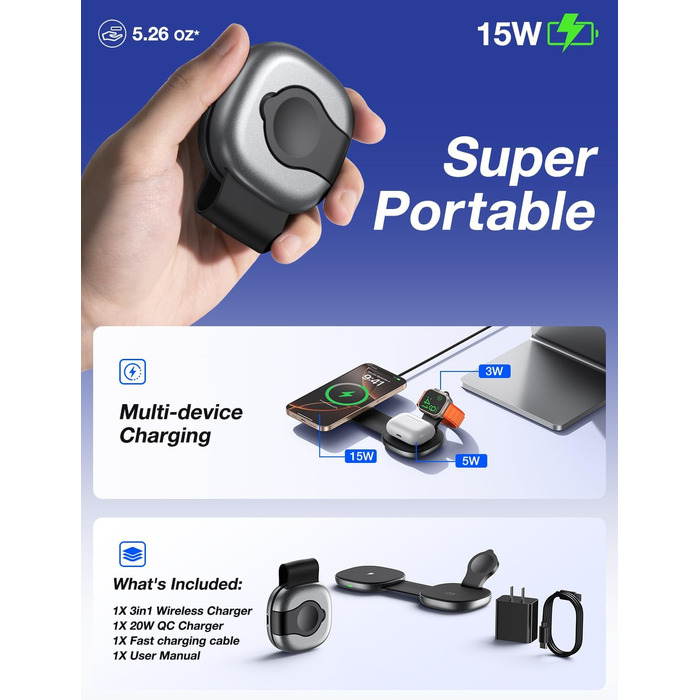 Бездротова зарядка 3-в-1 з MagSafe: для iPhone, Apple Watch, AirPods (20W)