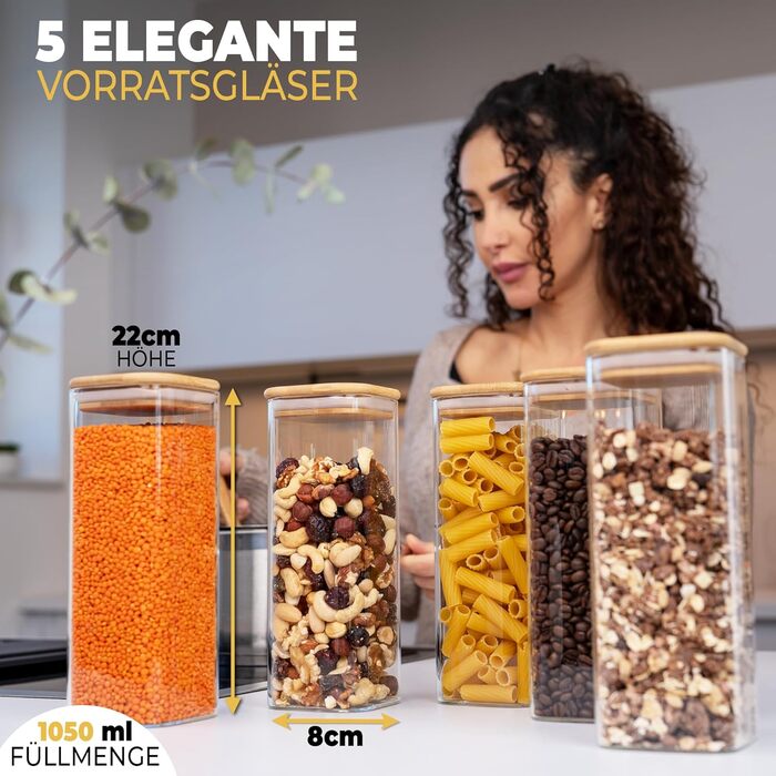 Скляні контейнери для зберігання з кришкою, кутові, набір 8 шт. - 5,2 л, посилена скляна тара, герметичні контейнери для продуктів, кухонні органайзери