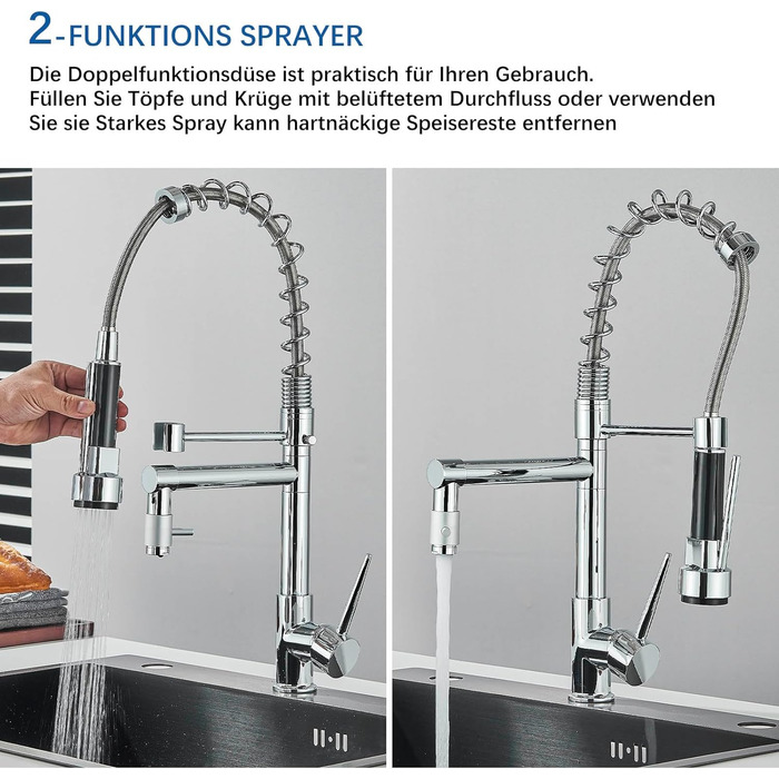 Кухонний змішувач з гнучким виливом, 360° поворот, 2 виходи, високий вилив, душова лійка, для мийки, брашований нікель