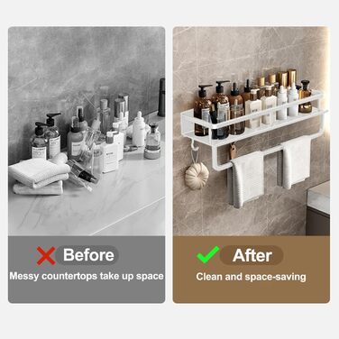 Поличка для душу Devesanter без свердління, 2 шт. з тримачем для рушників та 6 гачками. Органайзер для ванної кімнати, спальні, кухні (40 см, білий)