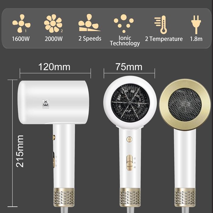 Професійний фен 2000W з регулюванням температури та швидкості, насадка-концентратор, холодний струмінь повітря для дому, салону краси та подорожей (білий)