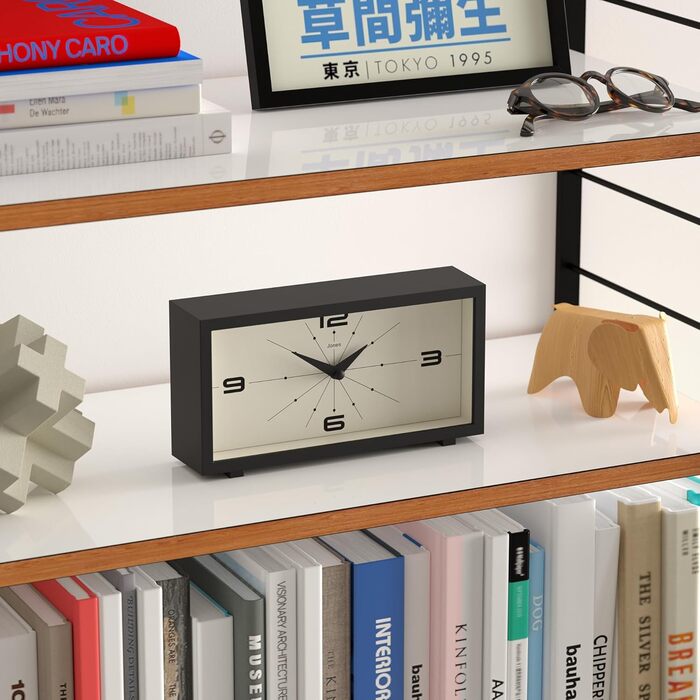 JONES CLOCKS® Desk Clock 'Odeon' – modern rectangular design in black, stylish retro look for shelf, table, mantelpiece or bedside table