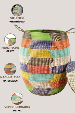 YAADU Laundry Basket with Lid 100L - XXL Laundry Collector, Large Laundry Basket, Laundry Container, Laundry Bin, Basket with Lid, Laundry Boxes, African Basket, Ubuntu Model (Colorful)