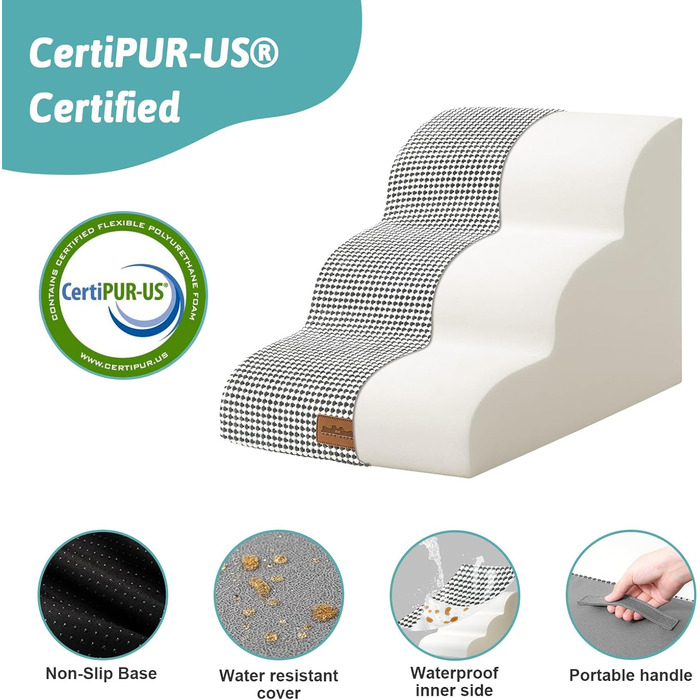 Dog Stairs for Small Dogs 50cm, Pet Stairs for Bed made of High-Density Sponge, Dog Stairs Dog Ramp with Washable Cover and Non-Slip Bottom, 40x72x50cm, 4 Steps, (White/Black, 3 Steps (40x57x40cm))