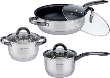 Набір посуду EliteHoff Induktion: 12-ти частинний набір каструль та сковорідок з нержавіючої сталі з кришками та чорними ручками, для всіх типів плит