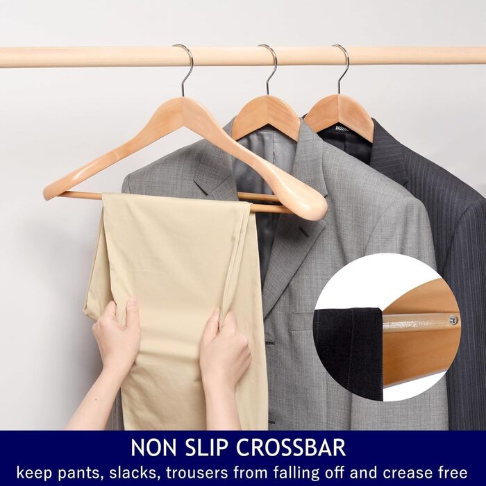 Amber Home 10-Piece 44.5cm Natural Wooden Clothes Hangers with Wide Shoulders (5.8cm), Sturdy and Shiny Hanger with Round Bar for Suit, Jacket, Coat, Shirt, Trousers