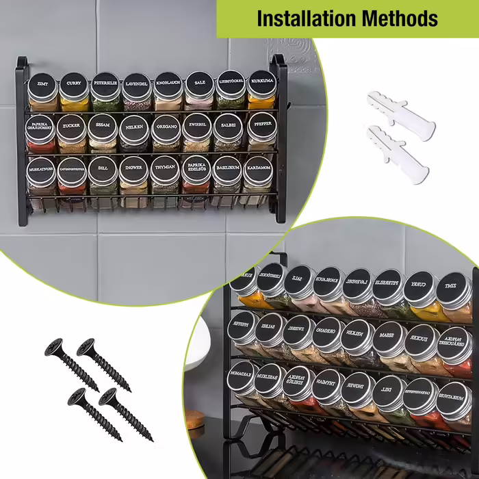 edihome Spice Rack, 24 Spice Jars, 3-Tier Organizer with Metal Frame, with Labels, Individual Lids, and Dispensers (Model 1)